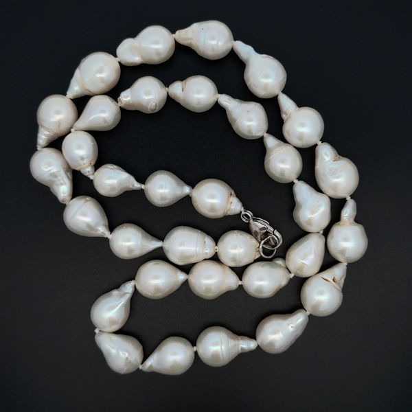 Closeup photo of 925 Sterling 12mm Baroque White Pearl Strand Necklace 96.5g, 22"