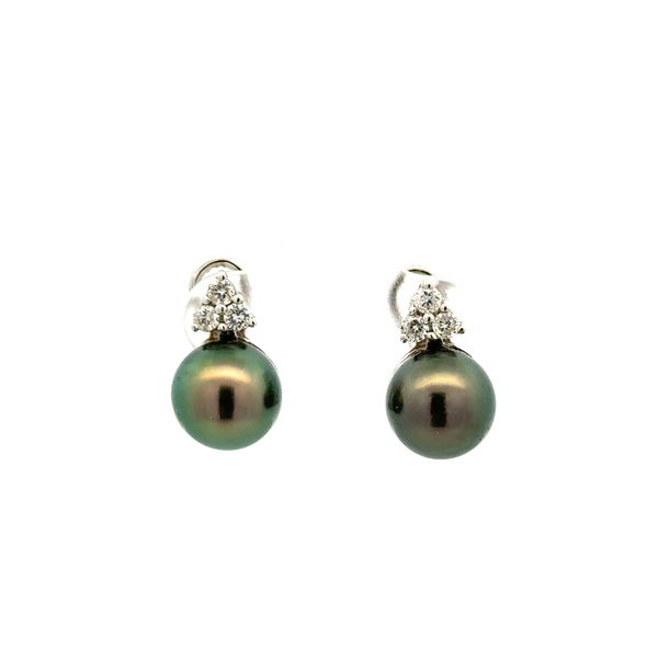 Closeup photo of 14K WG 9.15mm Tahitian Pearl & .18tcw RBC Diamond French Clip Stud Earrings 5.2g,