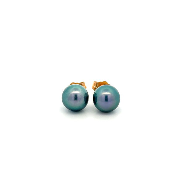 Closeup photo of 14K YG 7.50mm Blue Tahitian Pearl Stud Earrings 1.6g