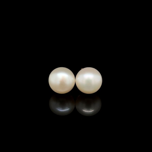 Closeup photo of 14K YG 8.80mm Slight Button White Pearl Stud Earrings 1.9g