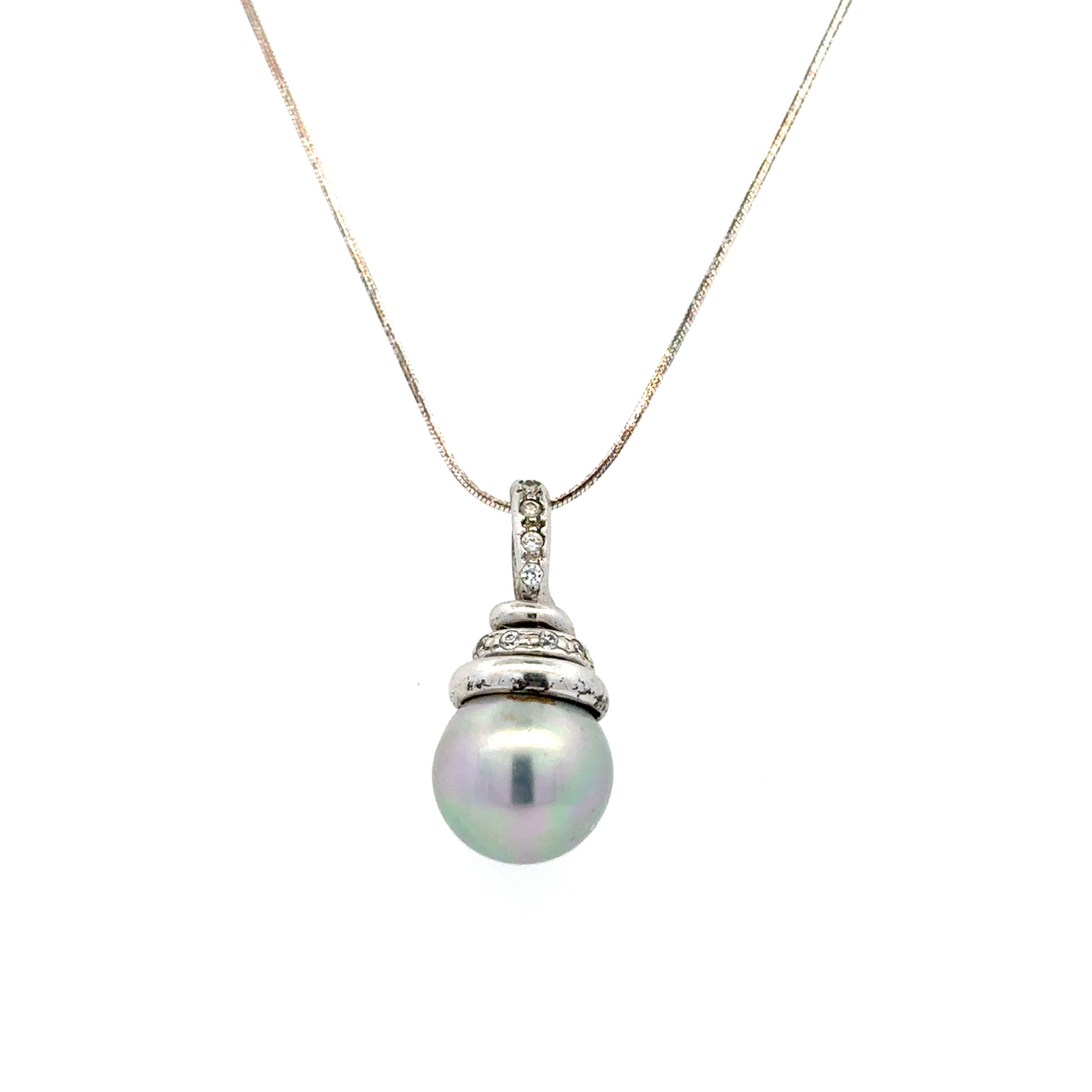 925 Sterling 12.00mm Tahitian & CZ Drop Pendant Necklace 8.0g, 30" 925 Sterling 12.00mm Tahitian & CZ Drop Pendant Necklace 8.0g, 30"