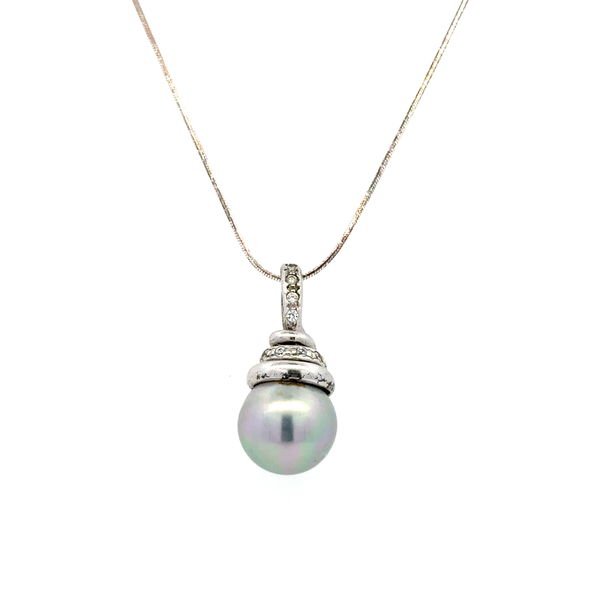 Closeup photo of 925 Sterling 12.00mm Tahitian & CZ Drop Pendant Necklace 8.0g, 30"