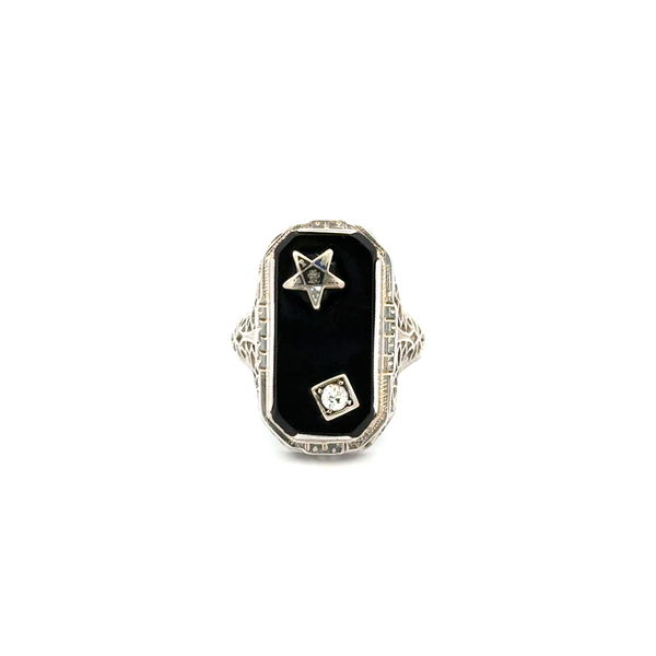 Closeup photo of 14K WG Art Deco Onyx Slab Masonic Star & .05ct Diamond Ring 2.5g, s5