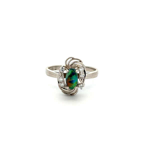 Closeup photo of Platinum .68ct Oval Black Opal & .12tcw RBC Diamond Ring 5.3g, s7.25