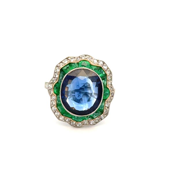 Closeup photo of Platinum 6.58ct Oval Ceylon Sapphire GIA, .46tcw OEC Diamond & 2.80tcw Emerald Ring 7.6g, s7.5