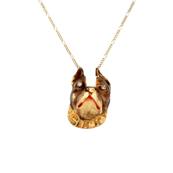 Closeup photo of 14K YG Enamel Bull Dog Diamond Eyes Pendant Necklace 6.1g, 18.5"