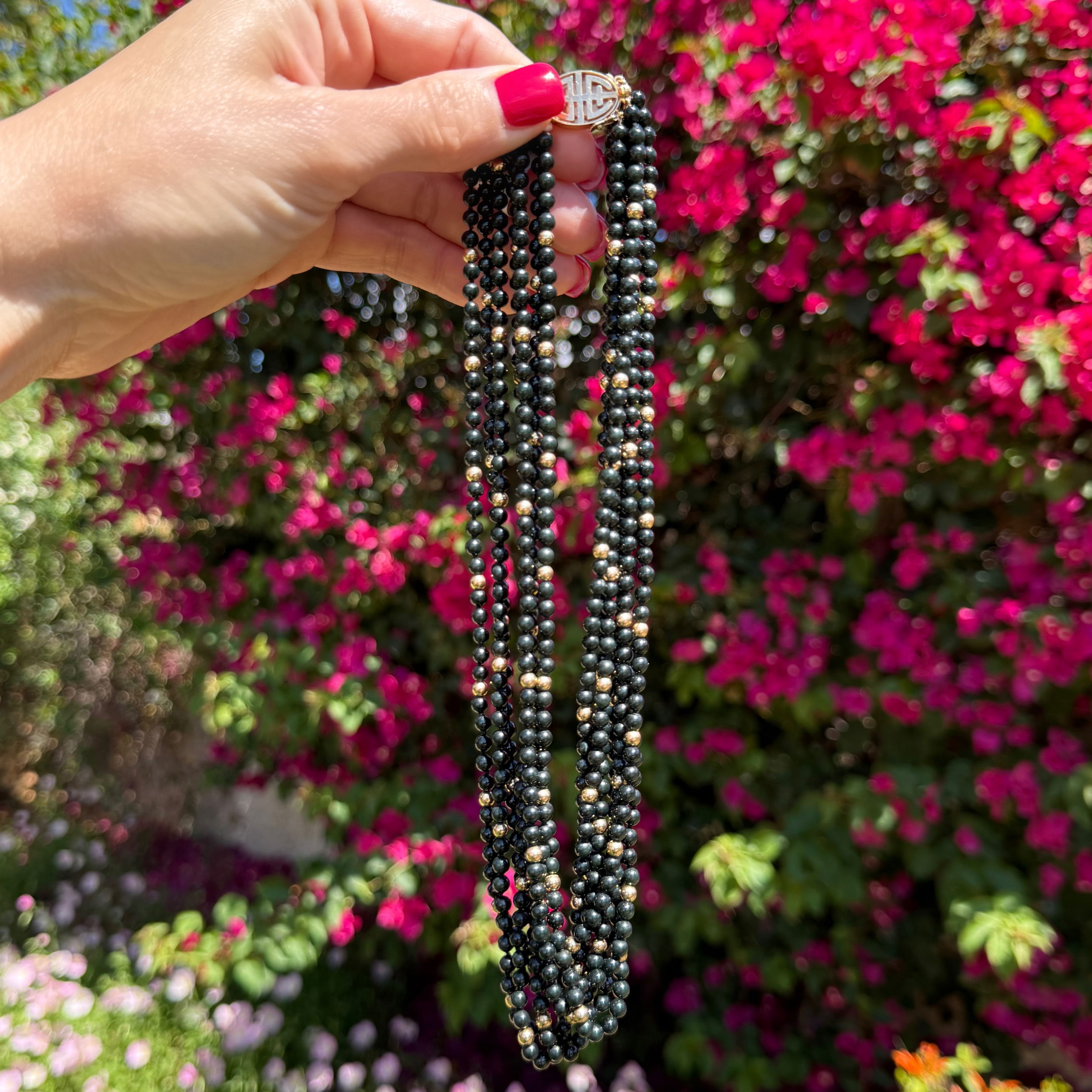 14K YG GUMPS 7 Strand Black Jade & Gold Bead Necklace 72.6g, 18" 14K YG GUMPS 7 Strand Black Jade & Gold Bead Necklace 72.6g, 18"