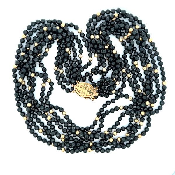 Closeup photo of 14K YG GUMPS 7 Strand Black Jade & Gold Bead Necklace 72.6g, 18"