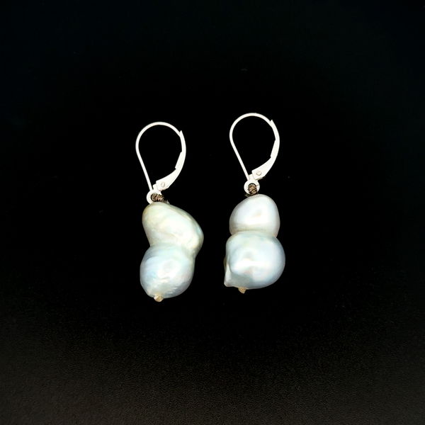 Closeup photo of 14K WG Blue Gray 18mm Baroque Pearl Drop Earrings 7.0g, 1.5"