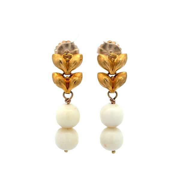 Closeup photo of 14K YG 1960s 10mm Angel Skin Coral Drop Earrings 10.5g, 1.6"