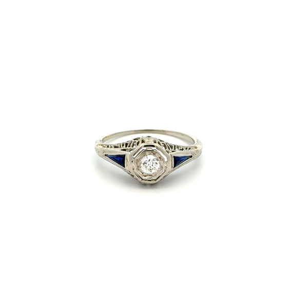 Closeup photo of 14K WG Art Deco .10ct OEC Diamond & .Syn. Sapphire Ring 1.9g, s5.75