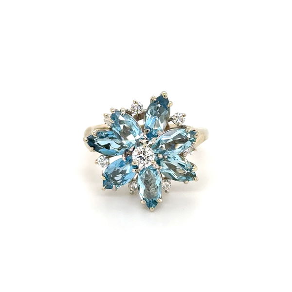 Closeup photo of 14K WG 1.50tcw Marquis Aquamarine & .32tcw RBC Diamond Cluster Ring 6.0g, s7.75