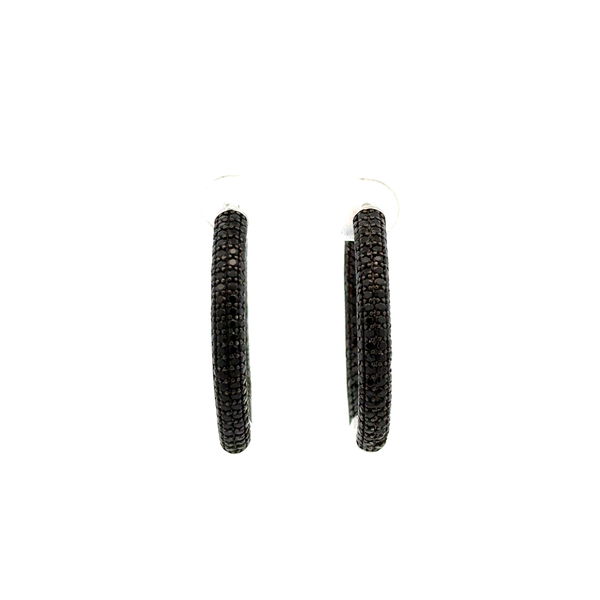 Closeup photo of 925 Sterling 4.00tcw Black Spinel Pave Inside Out Round Hoops Earrings 10.7g, 1.3"