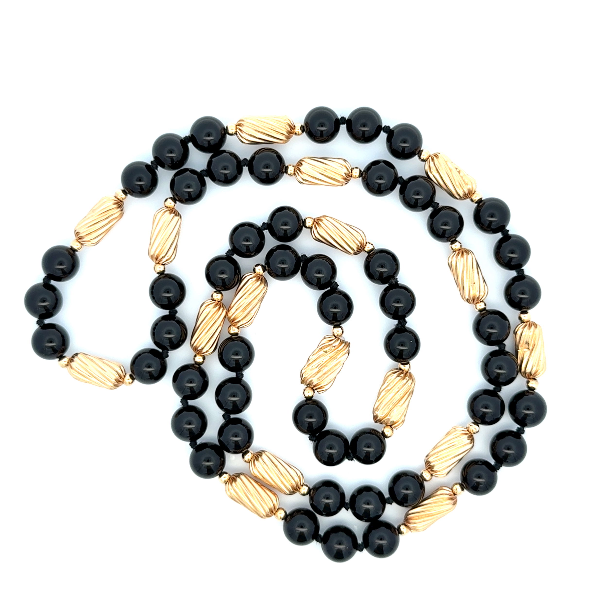 14K YG 8.5mm Onyx & Gold Bead Necklace 43.3g, 28" 14K YG 8.5mm Onyx & Gold Bead Necklace 43.3g, 28"