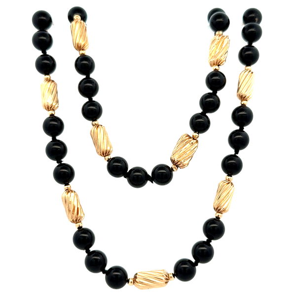 Closeup photo of 14K YG 8.5mm Onyx & Gold Bead Necklace 43.3g, 28"