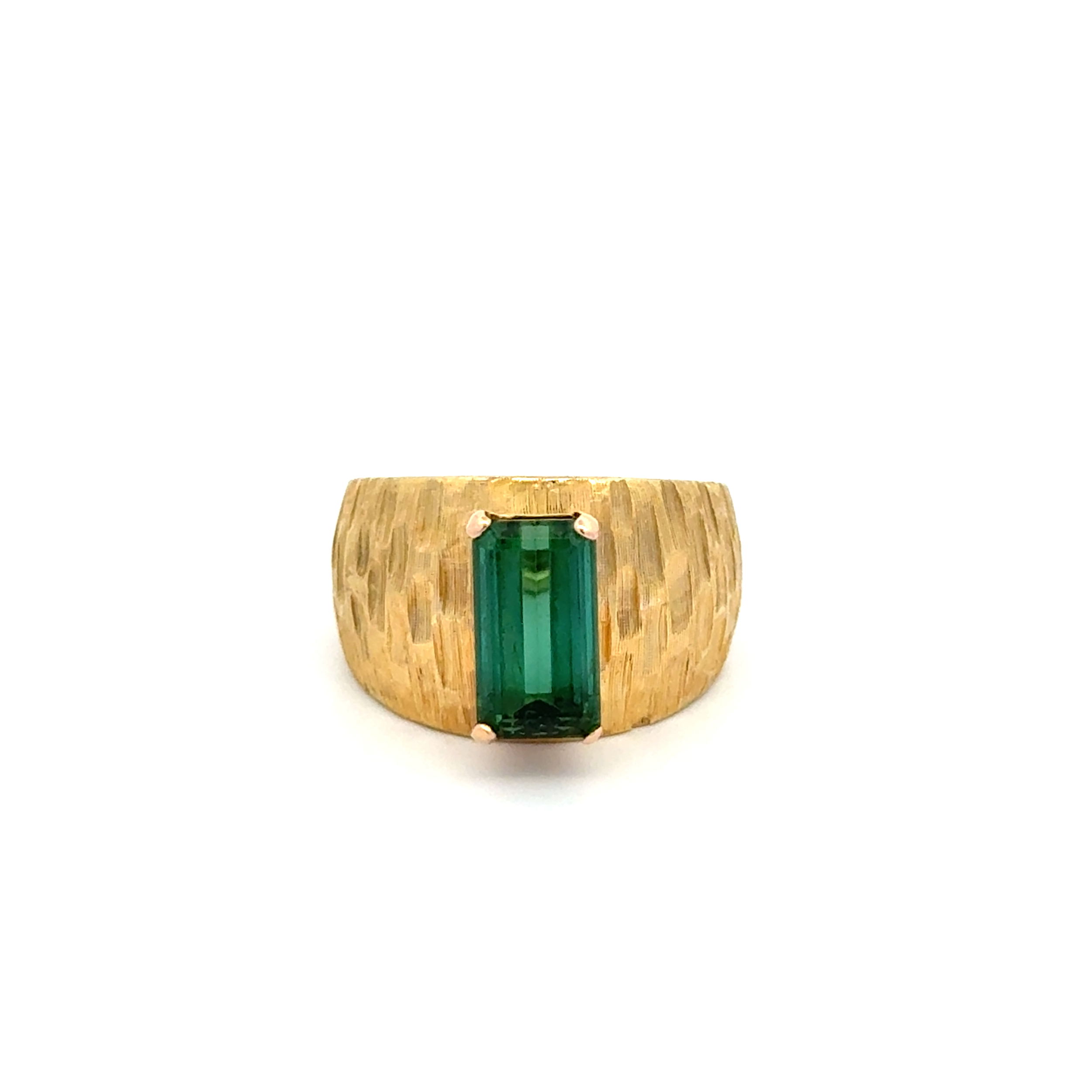 18K YG 2ct Long Green Tourmaline on Brushed Dome Ring 6.3g, s4