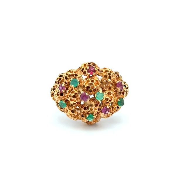 Closeup photo of 18K YG .30tcw Emerald & Ruby Nugget Dome Ring 7.8g, s4.5