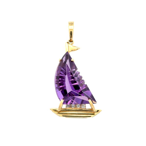 Closeup photo of 14K YG 7ct Carved Amethyst Sail Boat & .04tcw Diamond Pendant 8.2g