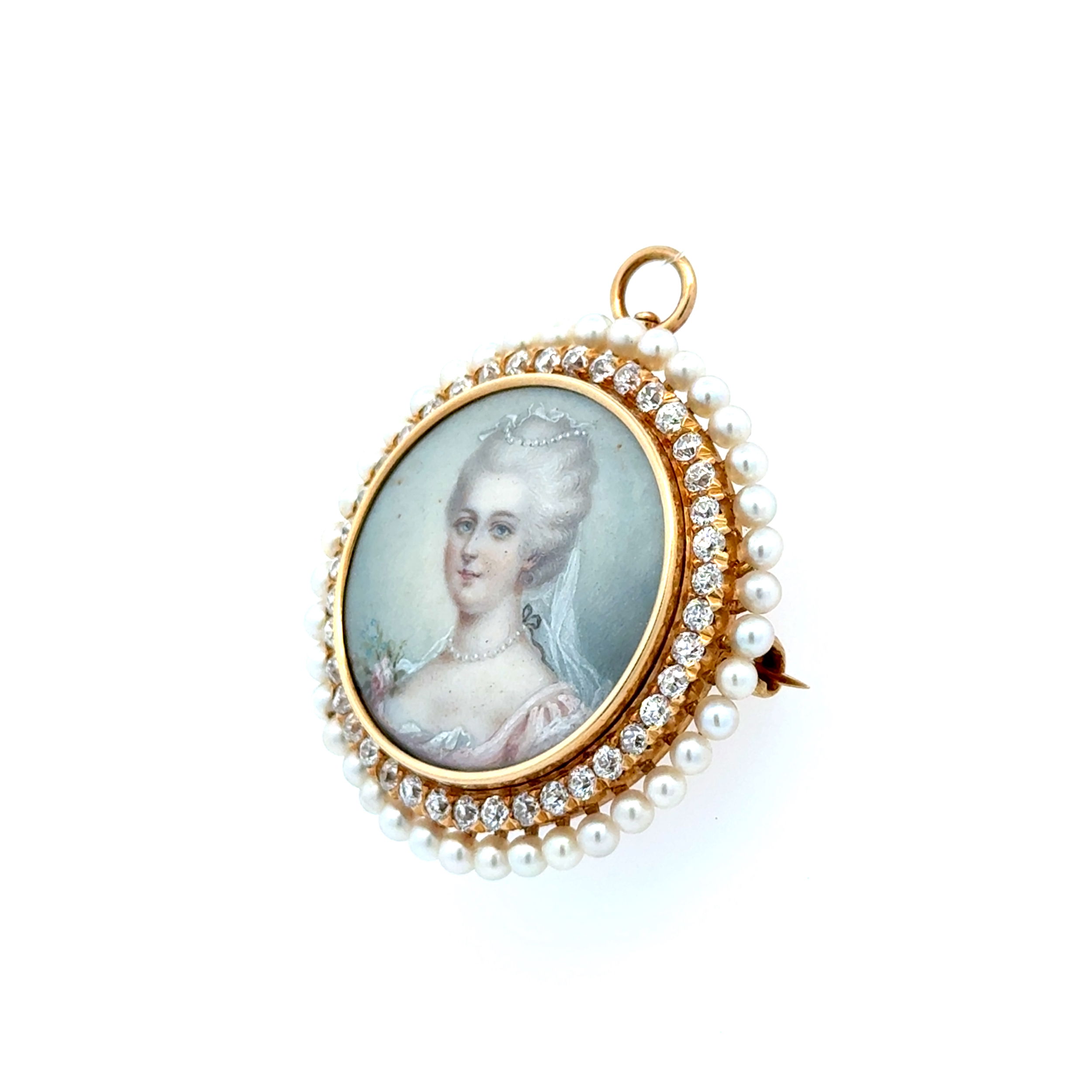 18K YG Victorian Hand Painted Portrait, 1.20tcw OEC Diamond & Seed Pearl Pendant Brooch 12.7g, 18K YG Victorian Hand Painted Portrait, 1.20tcw OEC Diamond & Seed Pearl Pendant Brooch 12.7g,