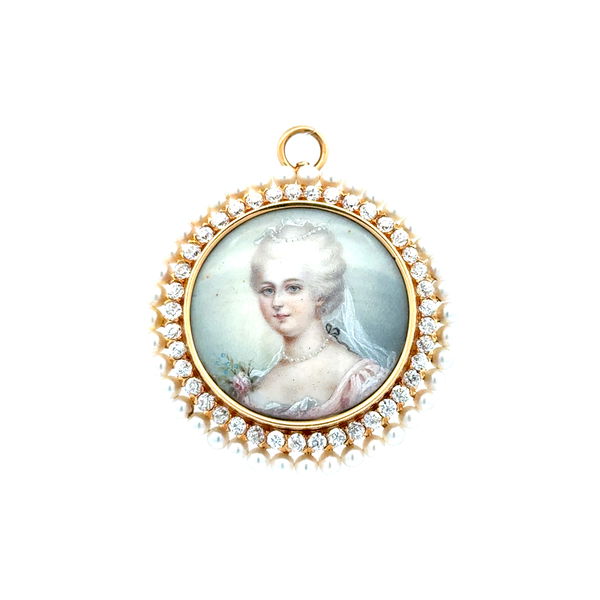 Closeup photo of 18K YG Victorian Hand Painted Portrait, 1.20tcw OEC Diamond & Seed Pearl Pendant Brooch 12.7g,