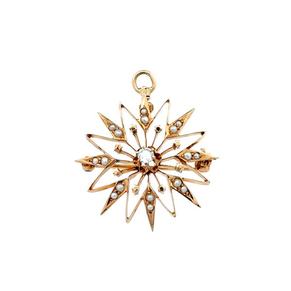 Closeup photo of 14K YG Victorian .10ct OEC Diamond & Seed Pearl Starburst Pendant Brooch 3.5g