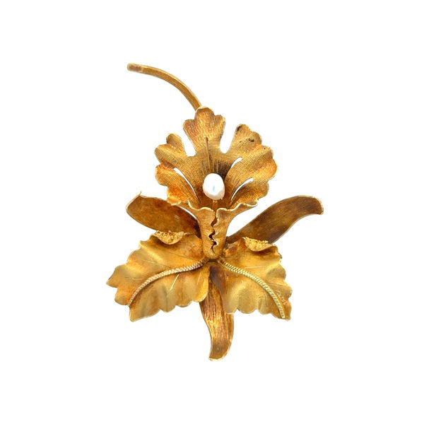 Closeup photo of 22K YG Art Nouveau Orchid w/ Pearl Brooch 17.2g, 2.75"