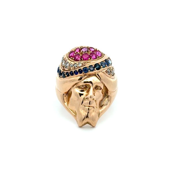 Closeup photo of 14K YG .40tcw Diamond, .80tcw Ruby & .80tcw Sapphire Arab Shiek Ring 18.7g, s10.5