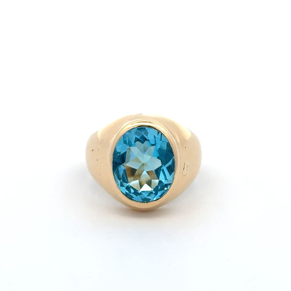Closeup photo of 14K YG 5.00ct Oval Blue Topaz Bezel Set Ring 9.4g, s6.25