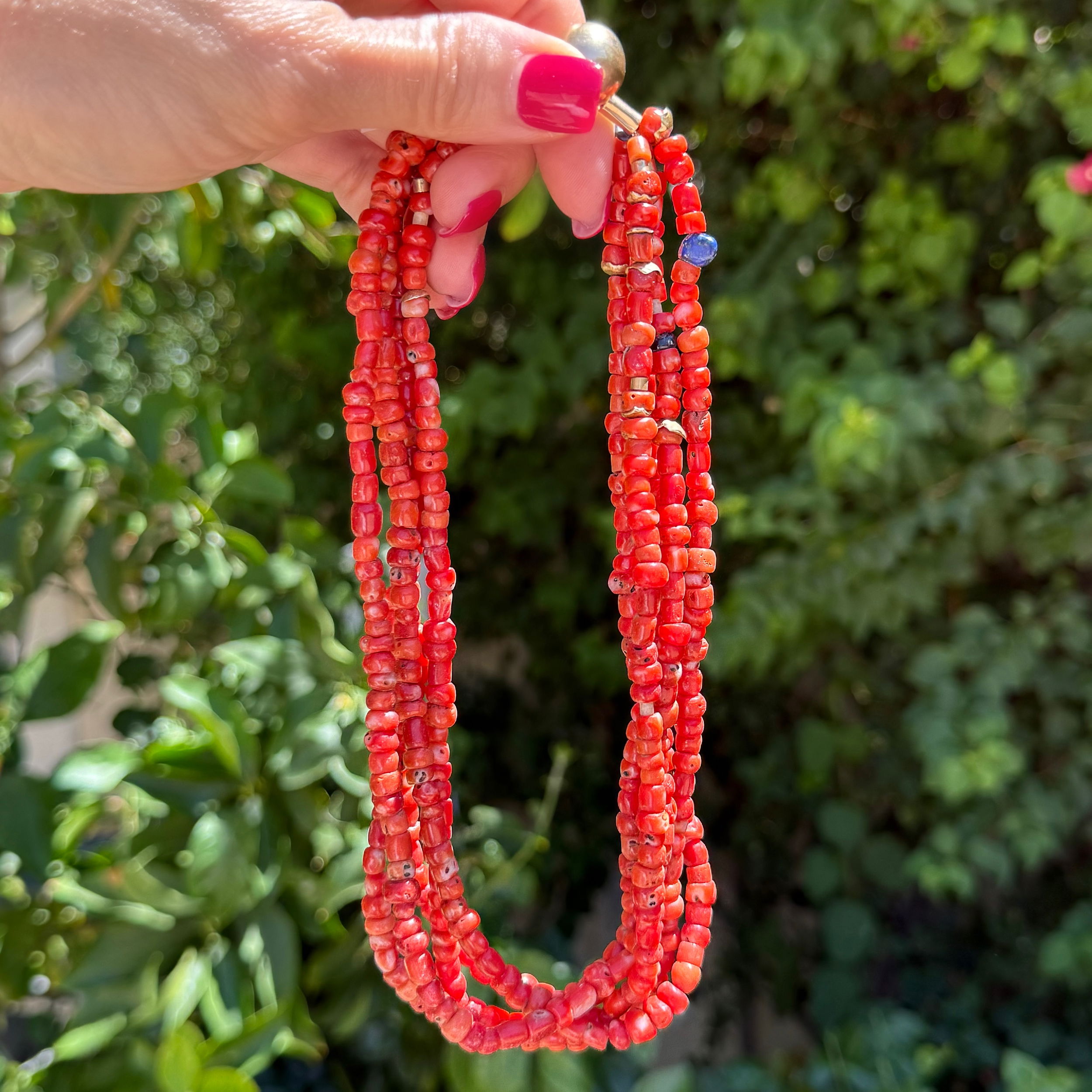 14K YG 5 Strand Coral & Lapis Choker Necklace 118.6g, 17" 14K YG 5 Strand Coral & Lapis Choker Necklace 118.6g, 17"