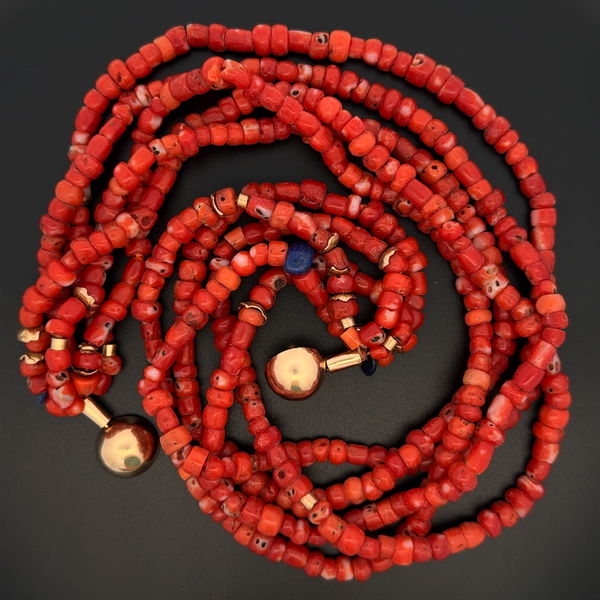 Closeup photo of 14K YG 5 Strand Coral & Lapis Choker Necklace 118.6g, 17"