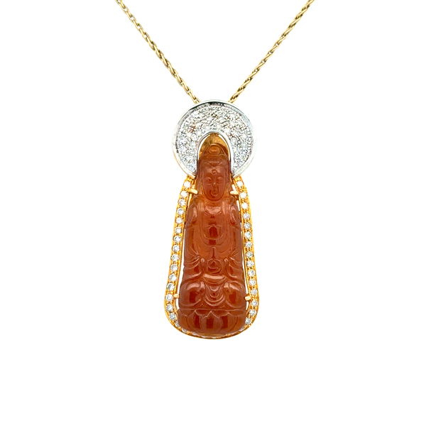 Closeup photo of 14K & 18K YG Rust Carved Jade Buddha & .50tcw Diamond Pendant Necklace 13.9g, 20"