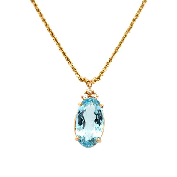 Closeup photo of 14K YG 13.71ct Oval Blue Topaz & .15tcw Diamond Pendant Necklace 16.3g, 20"