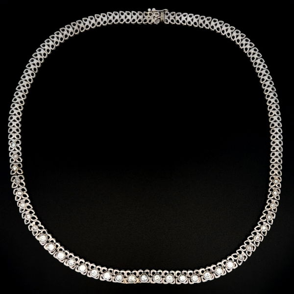 Closeup photo of 18K WG Half Way 2.40tcw RBC Diamond Graduated RIviera Necklace 38.3g, 16"