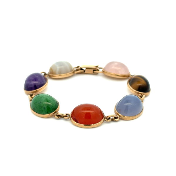 Closeup photo of 9ct YG Multi Cabochon Stone 7 Station Bracelet 23.6g, 7"