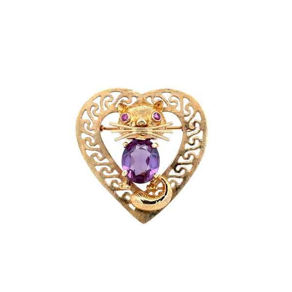 Closeup photo of 14K YG 2ct Amethyst & .12tcw Ruby Eyes Heart CAT Brooch 9.6g
