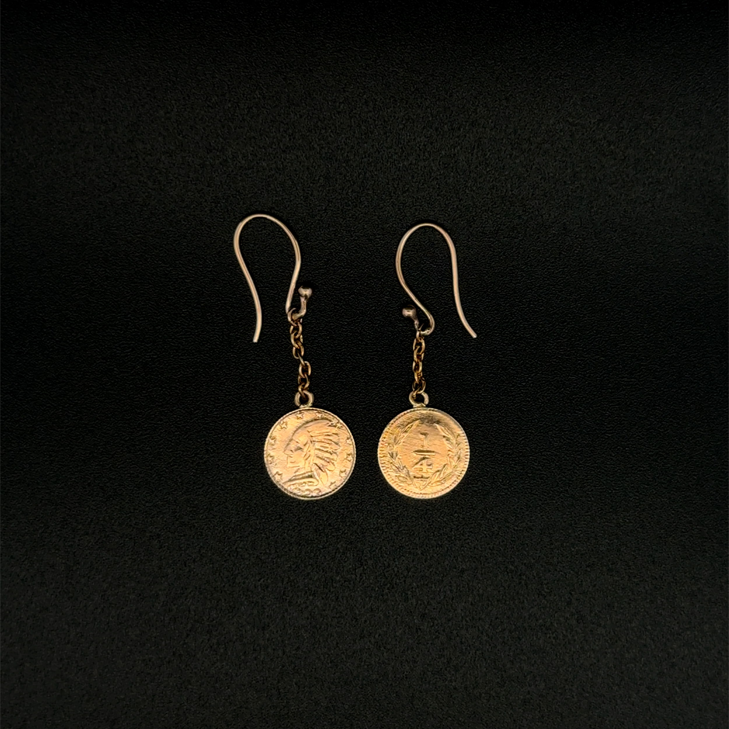 14K YG Indian Head Style Coin Drop Earrings on Wire 1.6g, 14K YG Indian Head Style Coin Drop Earrings on Wire 1.6g,