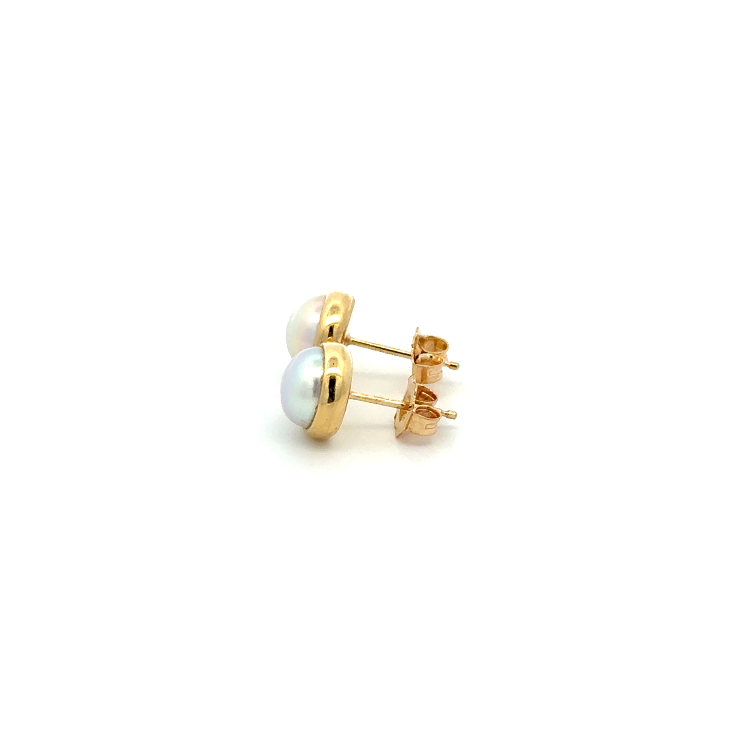 14K YG 7.15mm Button White Pearl Bezel Set Stud Earrings 2.2g