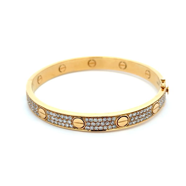 Closeup photo of 18K YG Round LOVE Pave 2.25tcw RBC Diamond Round Bangle Bracelet 37.1g