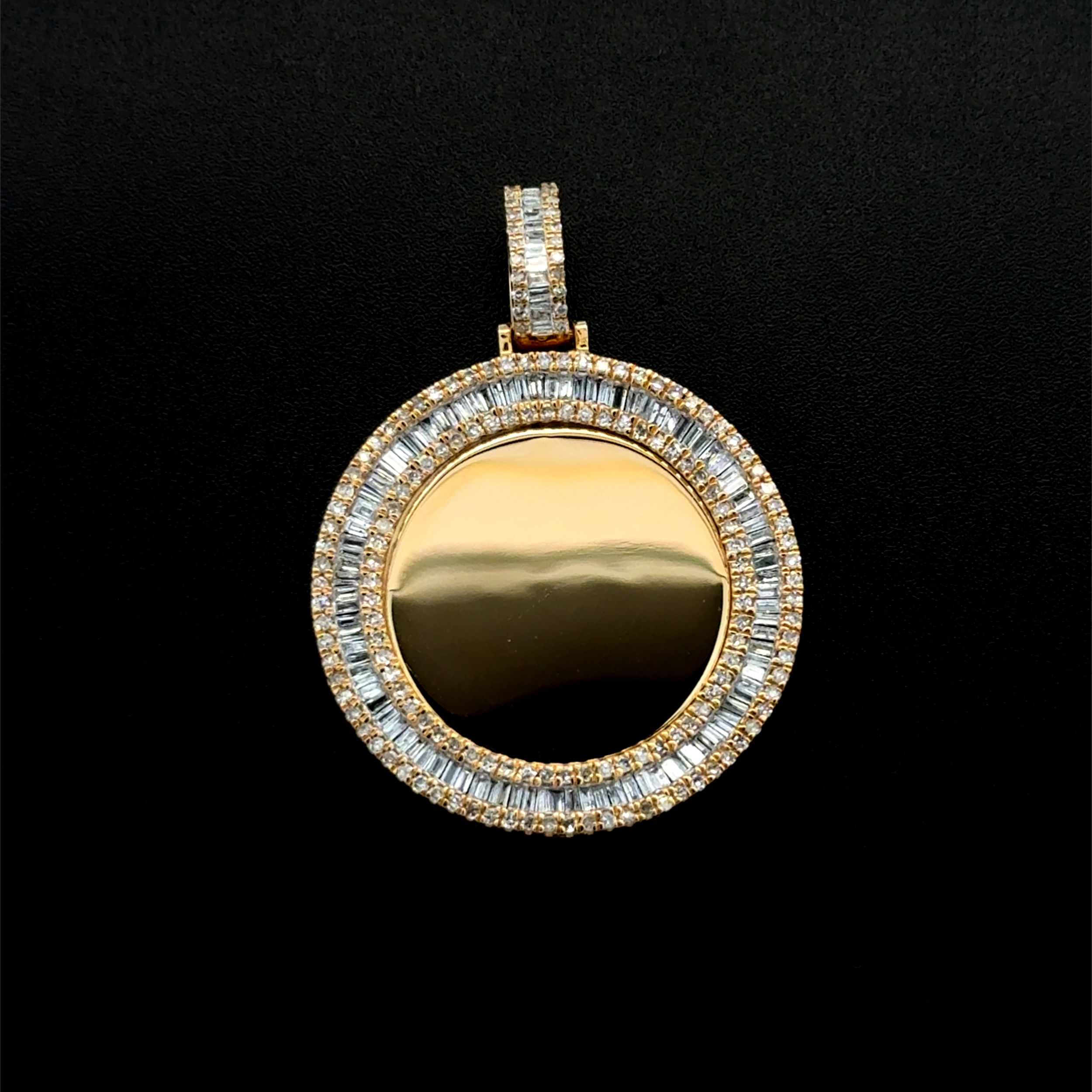 10K YG Polished Circle Disc 1.20tcw Baguette & RBC Diamond Pendant 6.0g, 1.55" 10K YG Polished Circle Disc 1.20tcw Baguette & RBC Diamond Pendant 6.0g, 1.55"