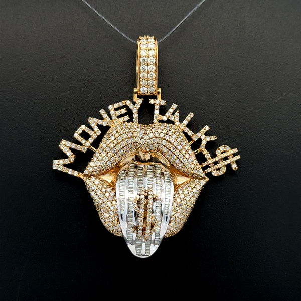 Closeup photo of 10K 2tone Money Talk $ 4.05tcw Baguette & RBC Pave Diamond Pendant 17.5g, 2"