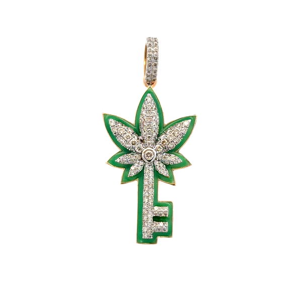 Closeup photo of 10K 2tone 1.50tcw RBC Diamond Marijuana Leaf Key Pendant 8.9g, 1.9"