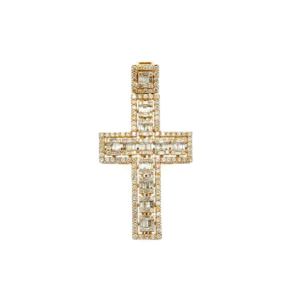 Closeup photo of 10K YG 1.82tcw Baguette & RBC Diamond Cross Pendant 5.9g, 1.85"