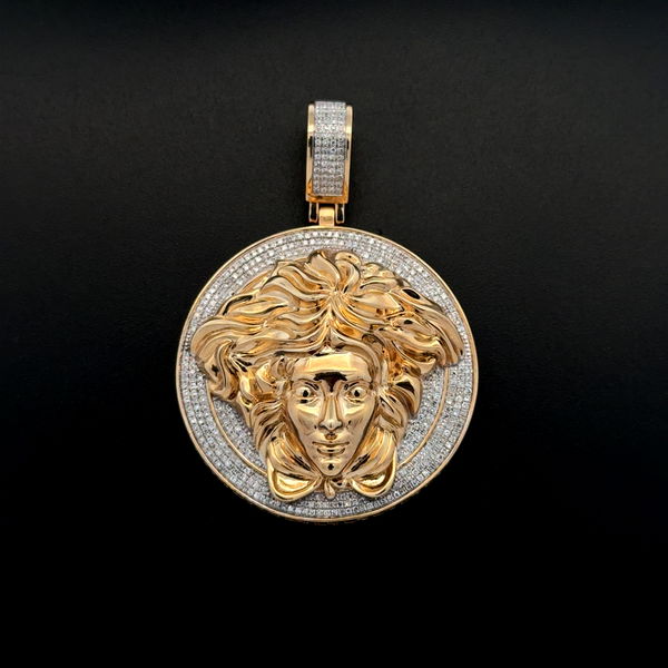 Closeup photo of 10K YG Versace Style Medusa 2.50tcw Diamond Pendant 16.1g, 2"