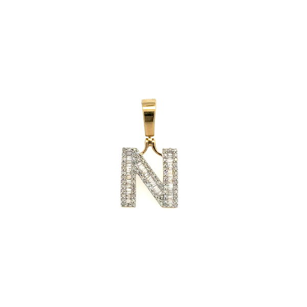 Closeup photo of 10K YG .50tcw Baguette & RBC Diamond Initial N Pendant 1.7g