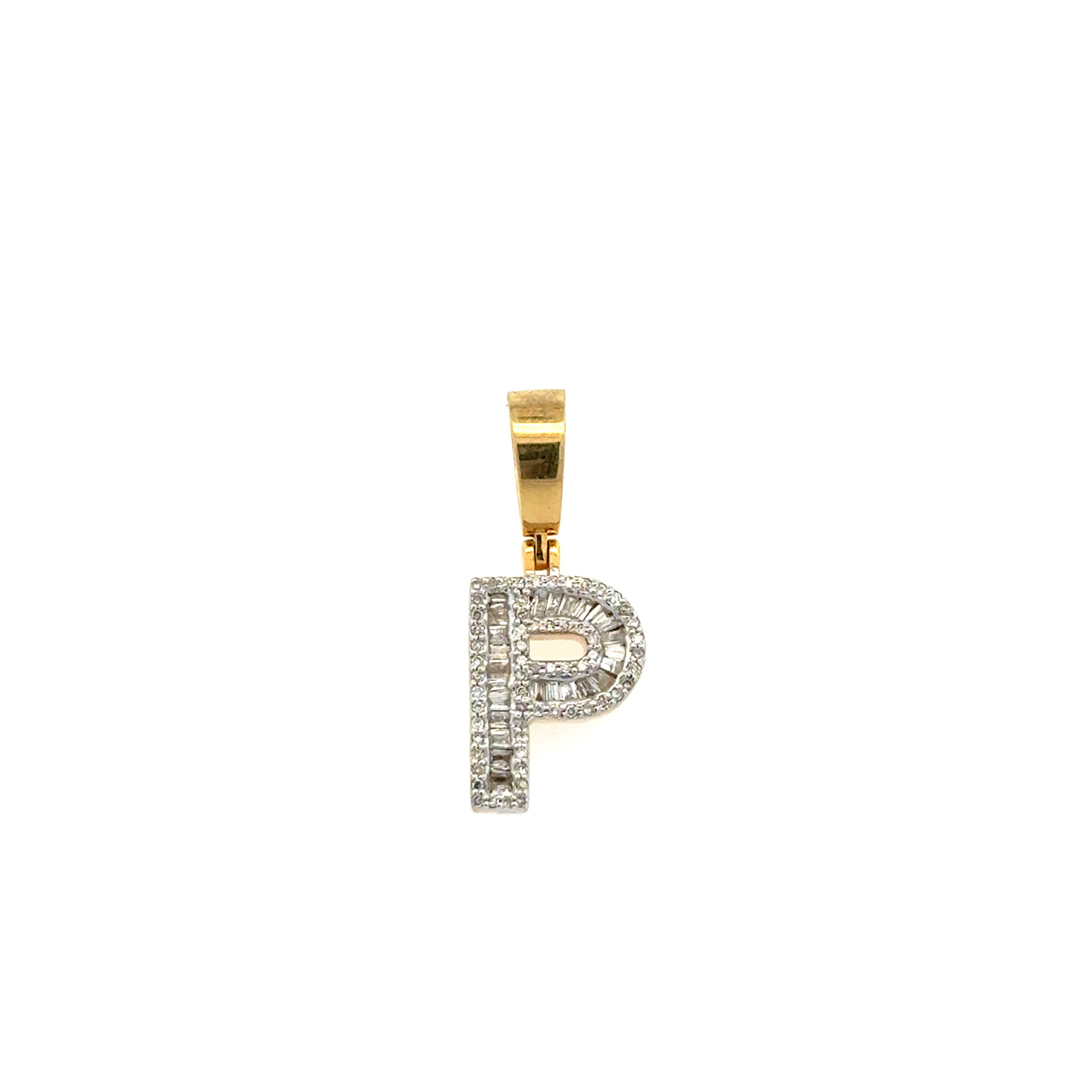 10K YG .45tcw Baguette & RBC Diamond Initial P Pendant 2.0g