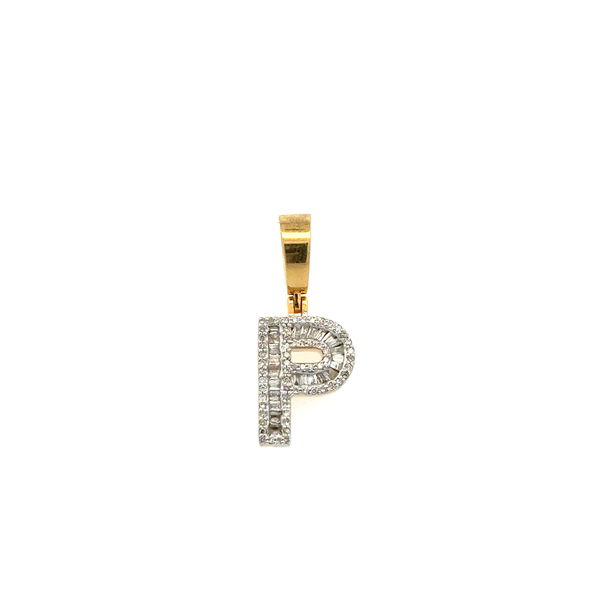 Closeup photo of 10K YG .45tcw Baguette & RBC Diamond Initial P Pendant 2.0g