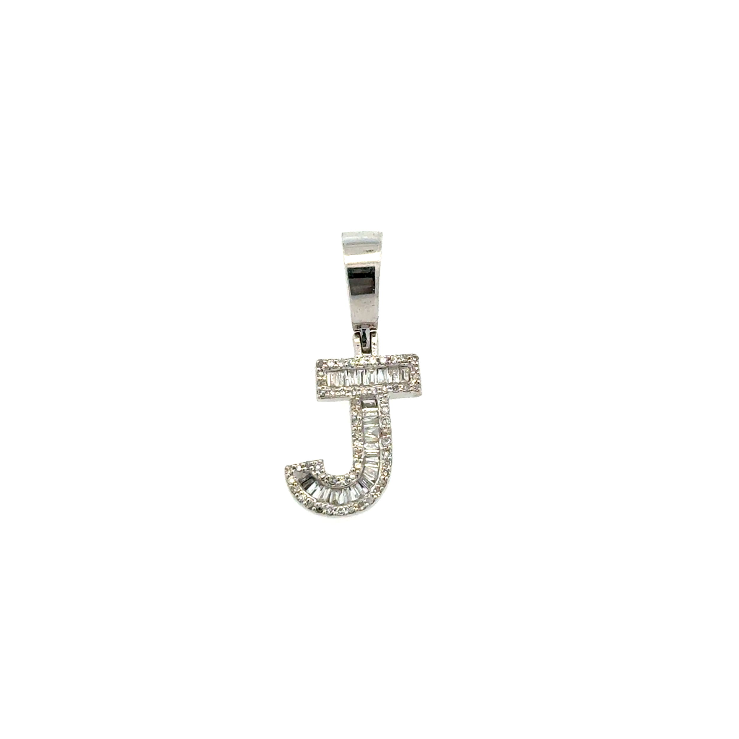 10K WG .35tcw Baguette & RBC Diamond Initial J Pendant 2.0g