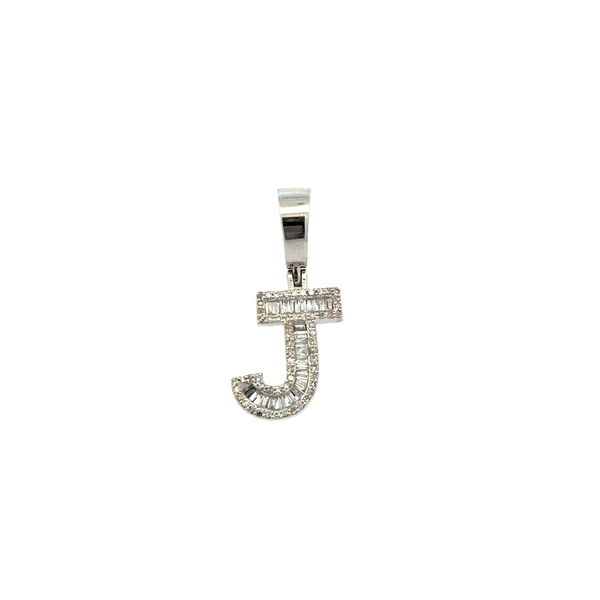 Closeup photo of 10K WG .35tcw Baguette & RBC Diamond Initial J Pendant 2.0g