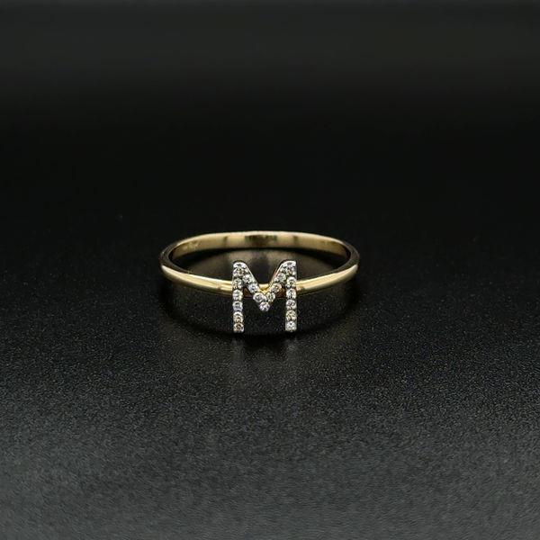Closeup photo of 10K YG .10tcw RBC Diamond Initial M Ring 1.1g, s7