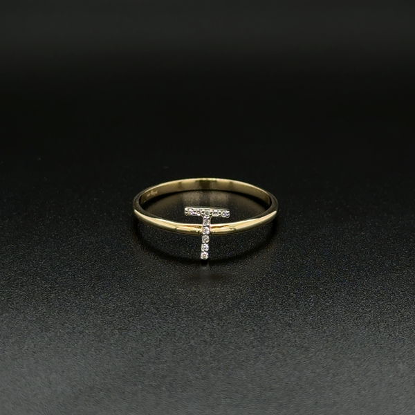 Closeup photo of 10K YG .04tcw RBC Diamond Initial T Ring 1.0g, s7